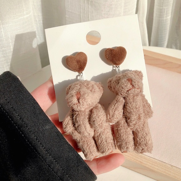 Handcrafted Fuzzy DarkTeddy Bear Earrings - Picture 2 of 3